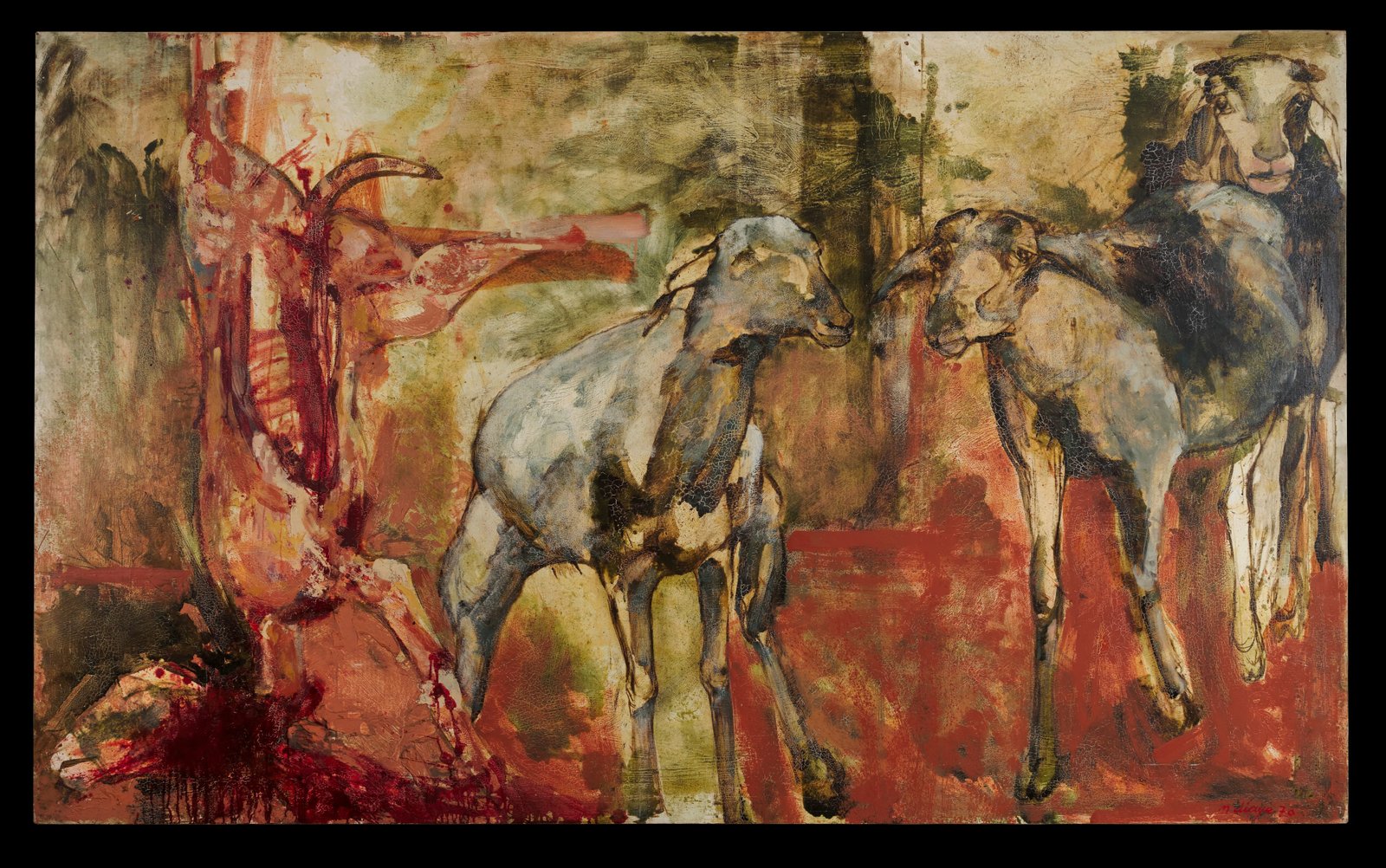 A painting in earthy red, black and green tones depicting two horned animals facing each other at center, another animal carcass is hanging at left