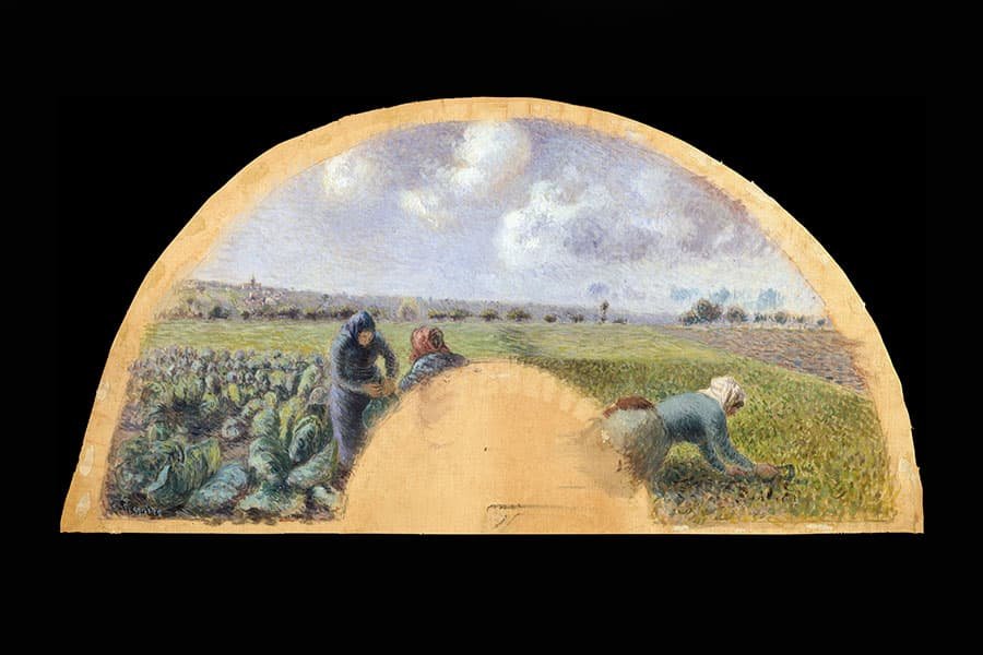 A beige fan on a black background featuring a group of women harvesting cabbages from a green field.